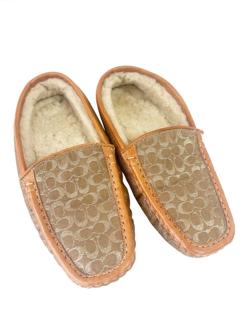Coach Monica Signature Loafer/Slippers Gold Logo, Tan Leather Trim Size 6.5/7